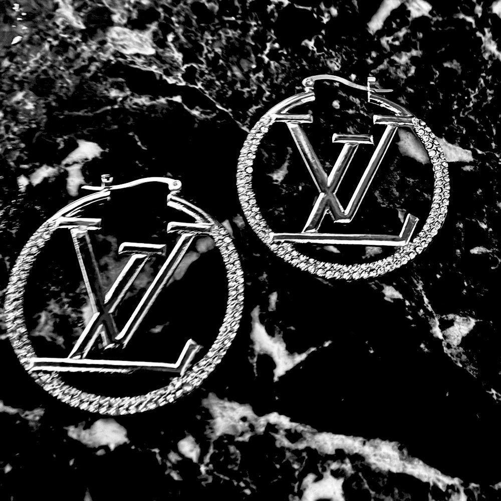 Silver 3cm LV Hoop Earrings - Picture 2 of 3